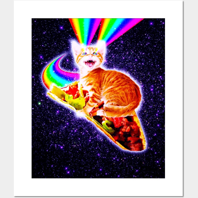 Rainbow Laser Eyes Galaxy Cat Riding Taco Wall Art by Random Galaxy